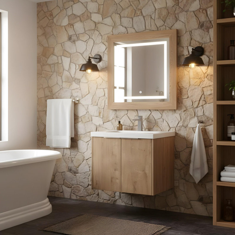 Meuble-lavabo à fermeture en douceur avec lavabo, Imitation chêne, 24"