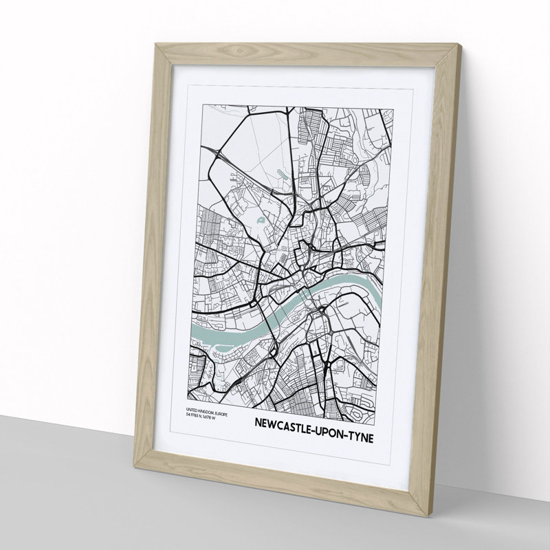 Map Newcastle-upon-Tyne UK - Picture Frame Graphic Art, 48cm H x 36cm W x 2cm D, Oak