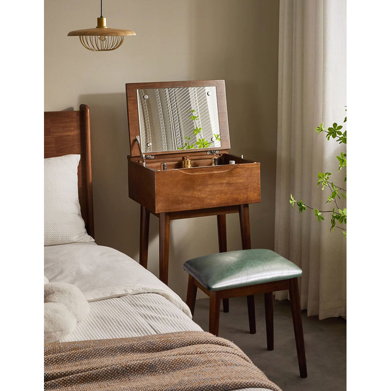 Table de coiffeuse en bois massif de style Mid-Century avec miroir rabattable et rangement divisé