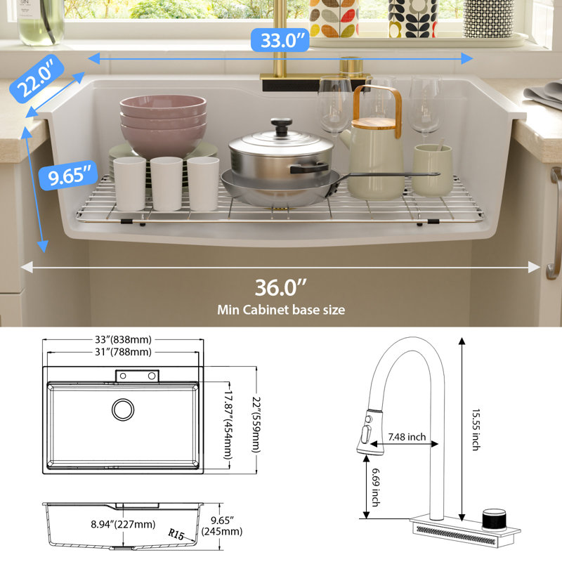 Quartz 33" X 22" Granite Composite Drop In Kitchen Sink Workstation Waterfall Single Bowl Sink, Brushed Gold, White