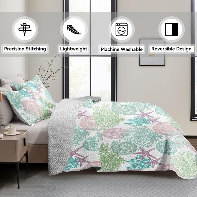 King Size Pink Reversible Microfiber Coastal Quilt Set