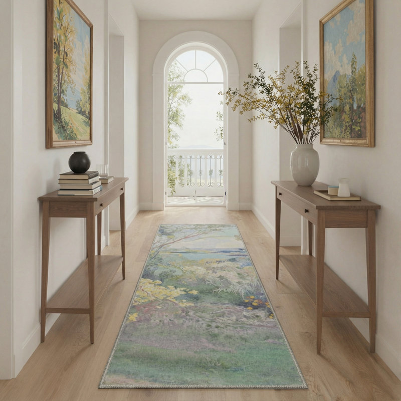 Tapis vert / jaune / bleu avec envers antidérapant Abshire Impressionist Garden Landscape, Tapis de couloir 2 pi x 6 pi