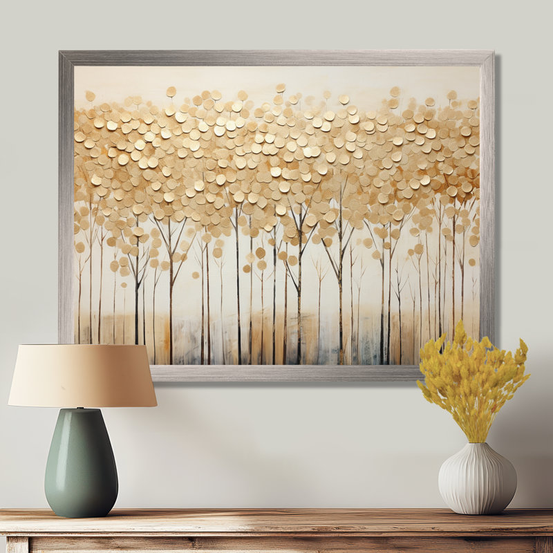 Minimalisme Golden Trees Harmony sur toile, H 34 po x l 44 po x P 1,5 po, Brown Floater Framed