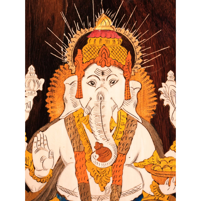 19" Vighnaharta Lord Ganapati Wood Panel – Natural Color Mysore Rosewood with Inlay Work, Handcrafted Hindu Spiritual Décor