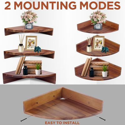 Ensemble de 3 tablettes de coin flottantes en bois d'acacia massif - brun