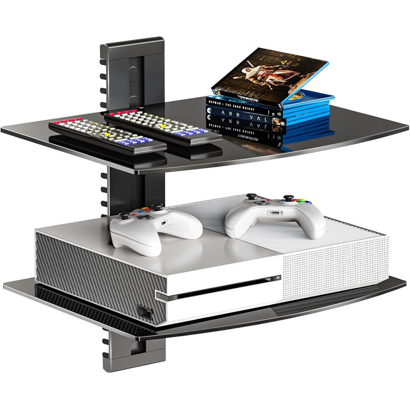 Étagère murale flottante pour téléviseur, tablette en verre à 2 niveaux pour projecteur et lecteur DVD, noire