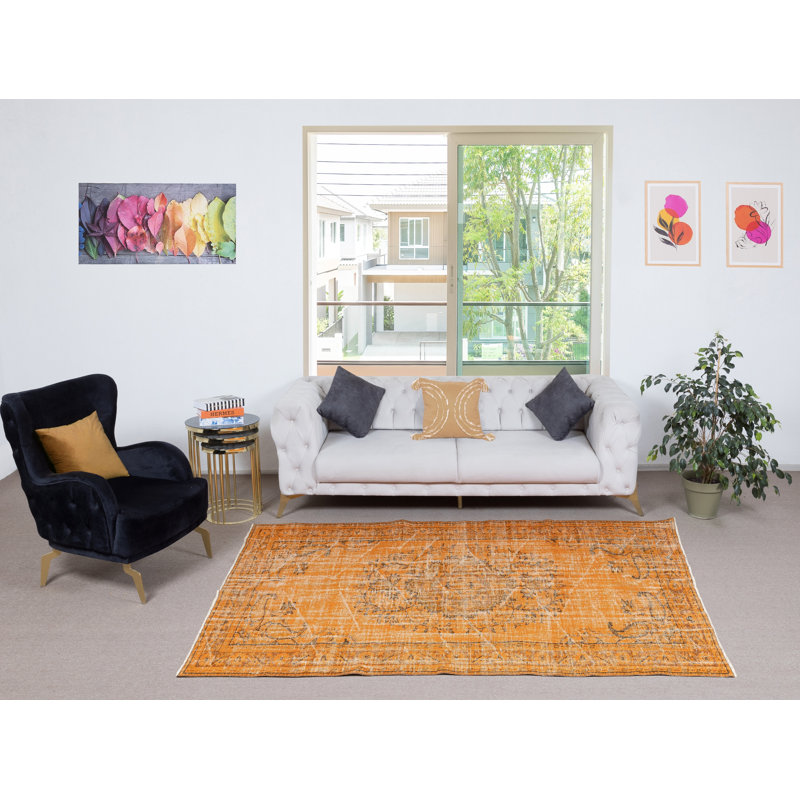 5.3x8.4 Ft Vintage Wool Area Rug Overdyed in Orange for Contemporary Interiors. Hand-knotted in Turkey