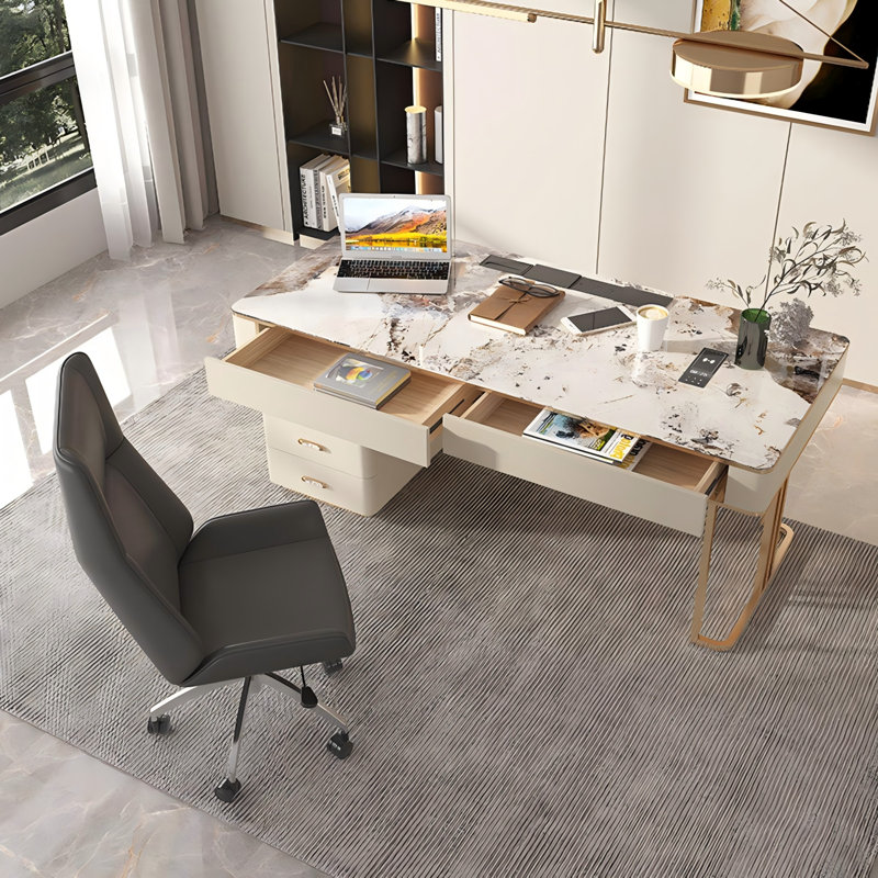 Bureau d'écriture rectangulaire en pierre frittée beige 62,99 ", 5 tiroirs, H 30,31 po x l 62,99 po x P 27,56 po