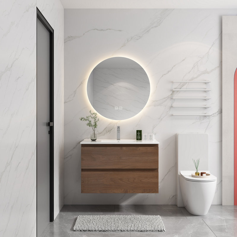Meuble-lavabo mural 36 po avec lavabo en céramique 36 po, 2 tiroirs à fermeture en douceur, ensemble KD, Chêne brun