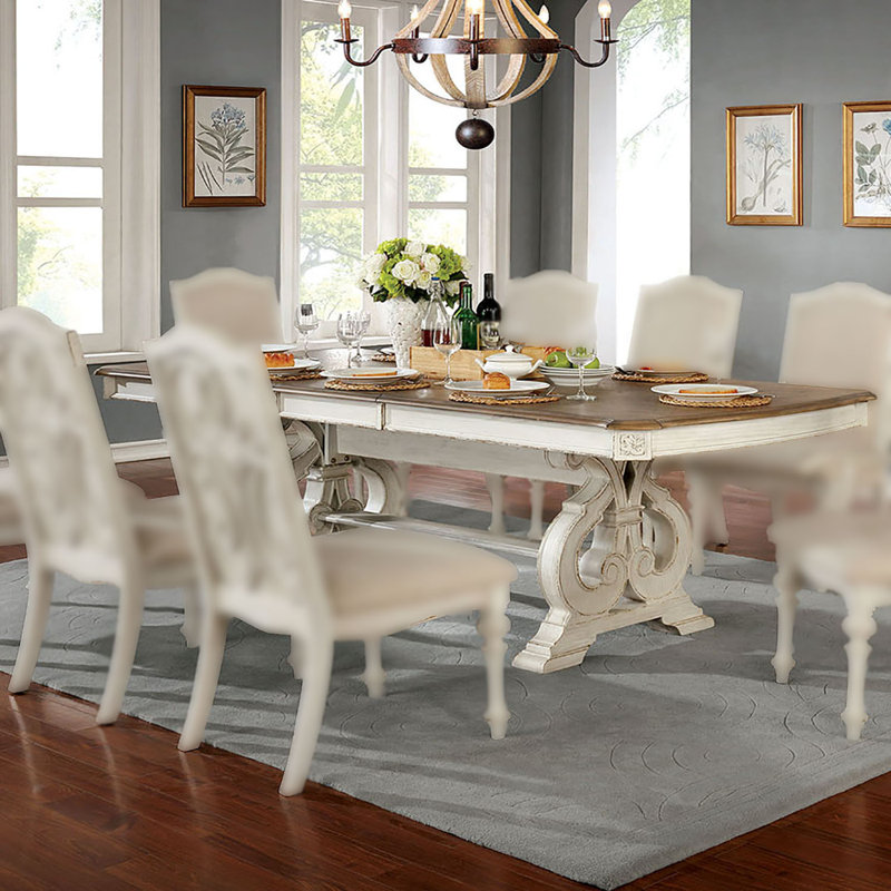 Table de salle à manger rustique 96 ", blanc antique, Brun / blanc antique