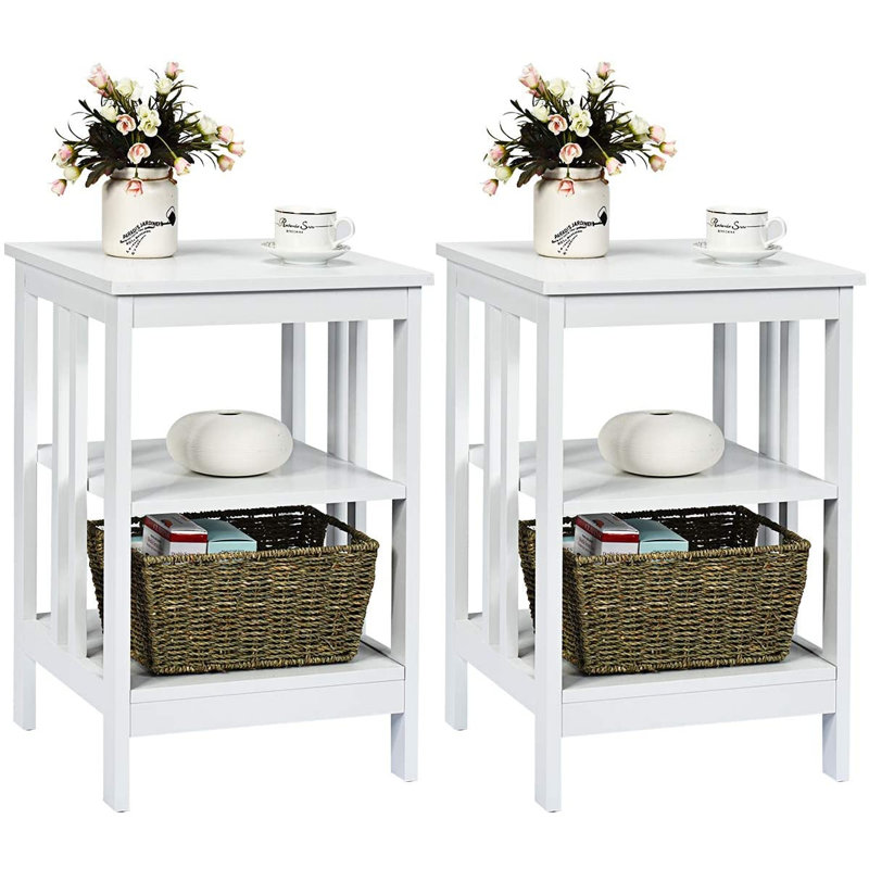 3-Tier Wooden End Table with Side Bars, White