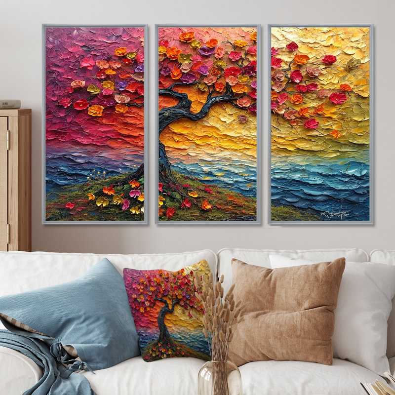 Arbre en fleurs avec fleurs rouges - ensemble d'art mural arbre floral, Encadrement argenté, H 40 po x l 60 po x P 1 po