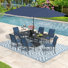 Outdoor Rectangular 6-Person Dining Set With Umbrella & Stackable Textilene Chairs