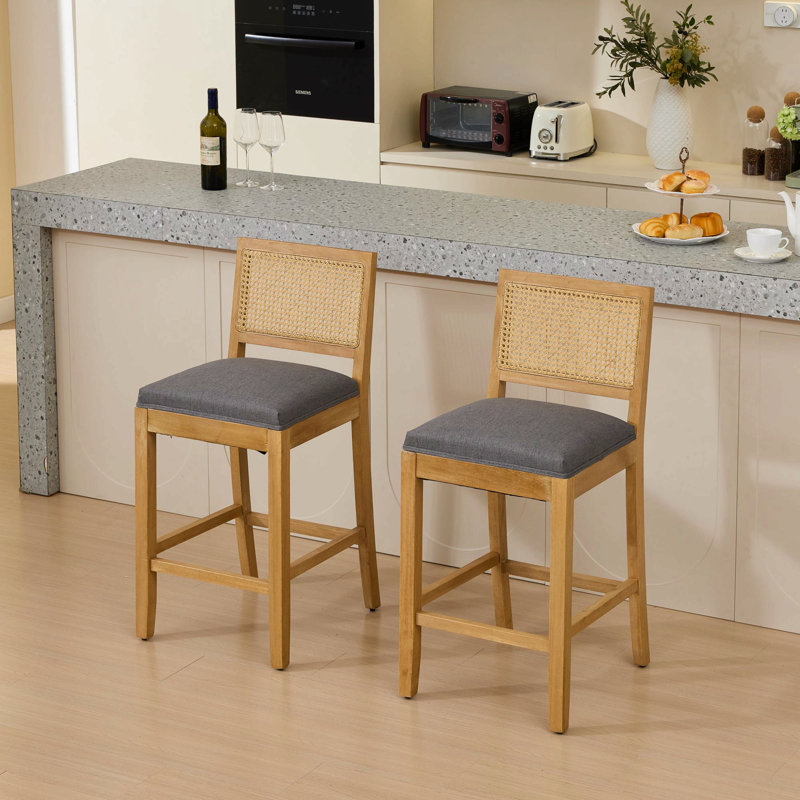 Full Solid Wood Rattan-Back Bar Stool, Matte Linen Cushion With High-Resilience Foam & S-Springs, Ideal For Rustic/Natural Style Kitchen Island, Low Bar In Dining Room & Café,Set Of 2