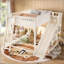 Lit mezzanine double avec tête de lit tapissier, tablettes de rangement, échelle et glissade, parfait pour économiser de l'espace et être multifonctionnel, beige
