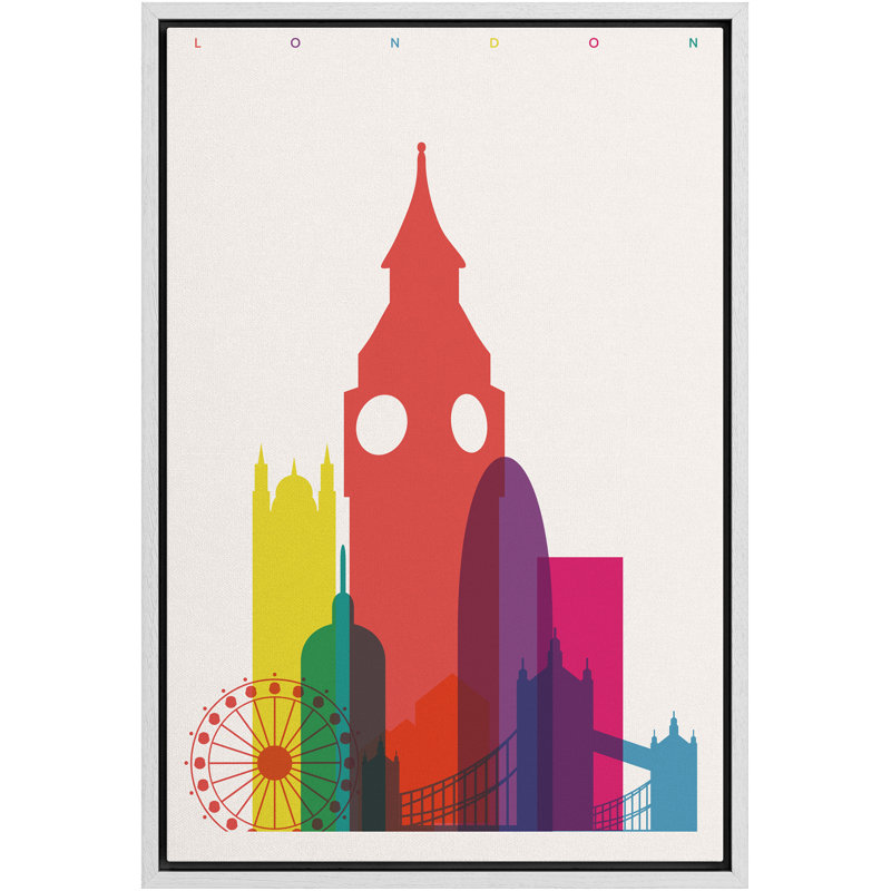 YUK03-IDEA4WALL Framed Canvas Print Wall Art Multicolor London Landmark Overlay Architecture & Maps Cityscape Typography Modern Art Chic Colorful For Living Room, Bedroom, Office