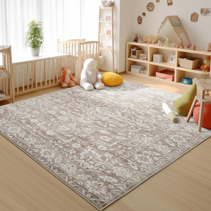 Machine Washable Medallion Floral Area Rug(Brown), Rectangle 10' x 14'