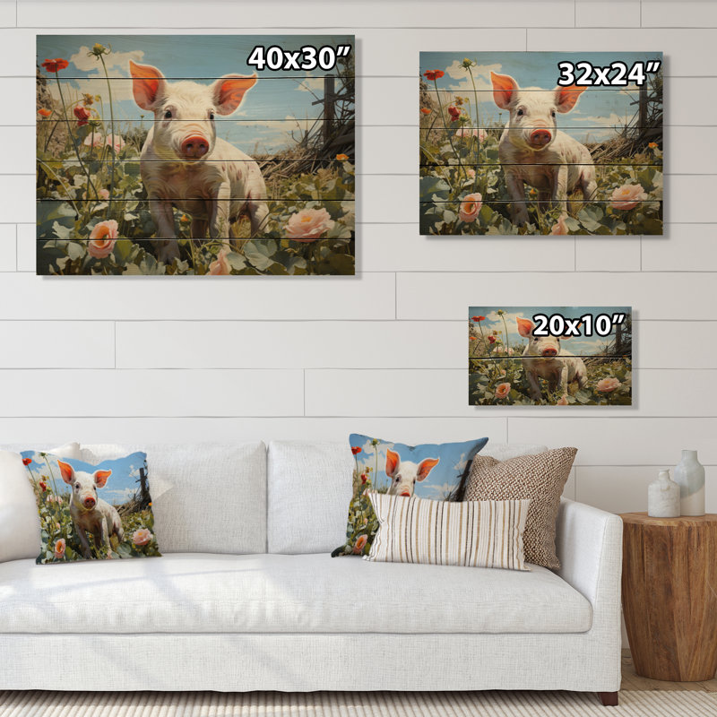 Joli cochon jouant dans des fleurs I sur bois, H 24 po x l 32 po x P 0,78 po
