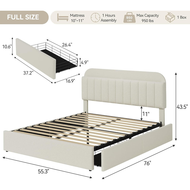 Bed Frame With Storage Headboard, Bed Frame With 2 Drawers, Beige, Full