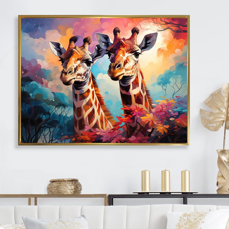 Girafes ludiques multicolores, Cadre flottant doré, H 30 po x l 40 po x P 1,5 po