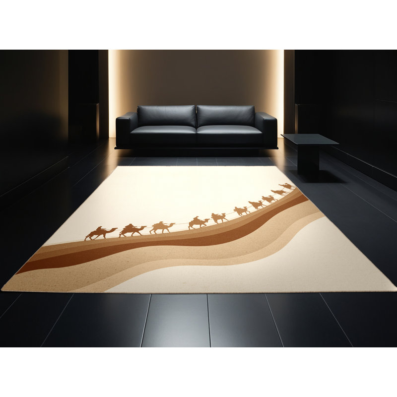 Machine Washable Orsolya Sahara Desert Caravan Minimalist Ombre Rug in Beige – Beige Binding, 7x9