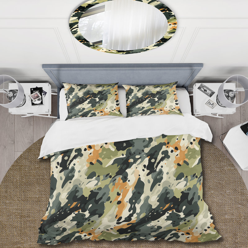 Ensemble de housse de couette vert et noir camouflage chic, Housse de couette pour grand lit et 2 taies décor