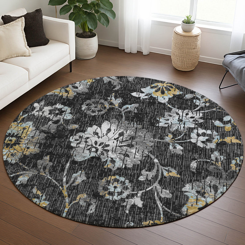 Machine Washable Indoor/Outdoor Chantille ACN2616 Floral Rug, 8' Round, Black
