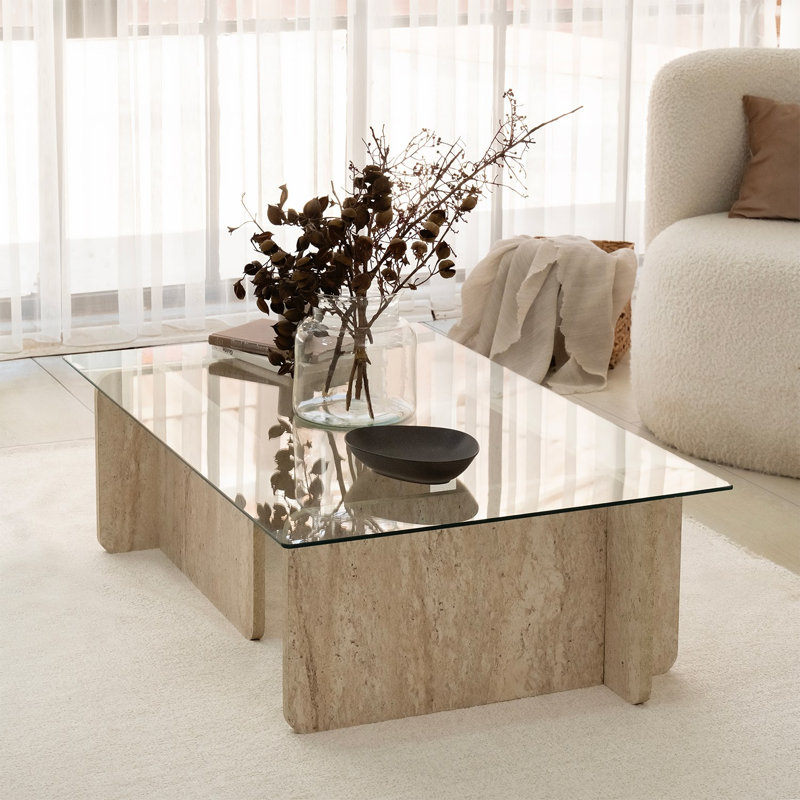Glorias Coffee Table, 30" H x 105" W x 65" D, Traverntine