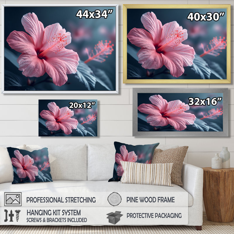 Rose, oasis tropicale, hibiscus - art mural hibiscus, Cadre flottant doré, H 12 po x l 20 po