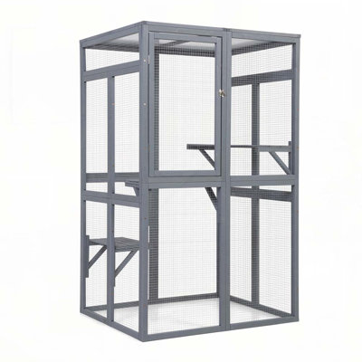 Catio en bois, enclos pour chat extérieur, maisonnette pour chat avec plateformes, planche de soleil, hamac, porte, cage de chaton, gris