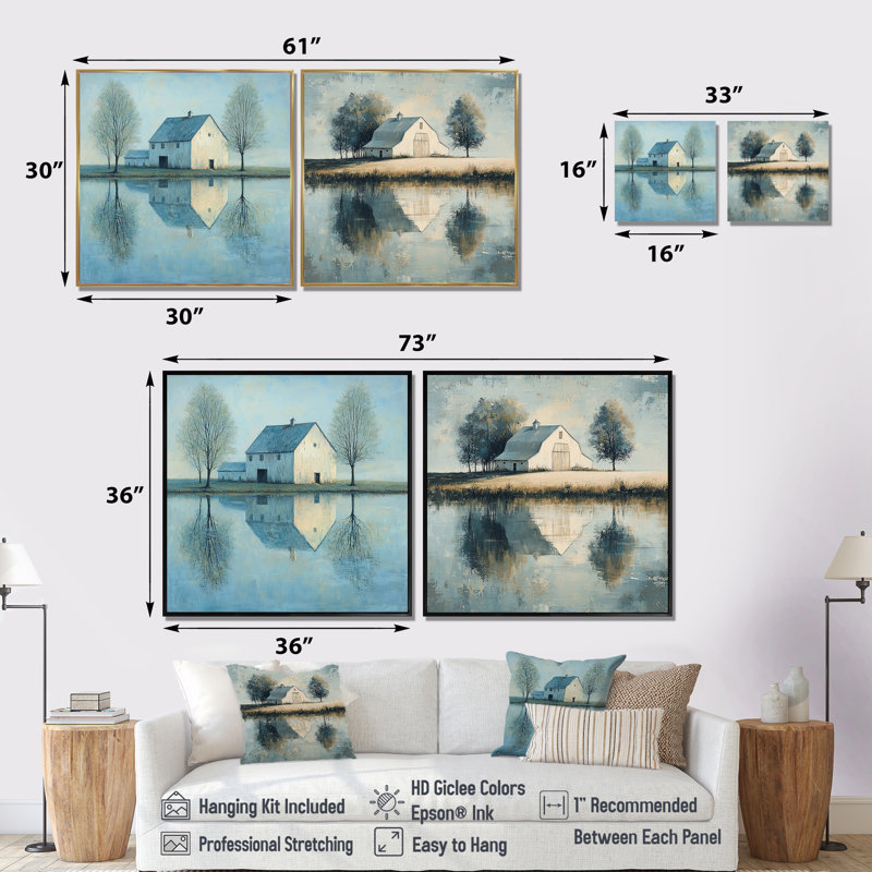 «Blue and White Farm Landscape Pale Reflections I - Farmhouse Wall Decor - Traditional Wall Art», 2 pièces, Crème, crème