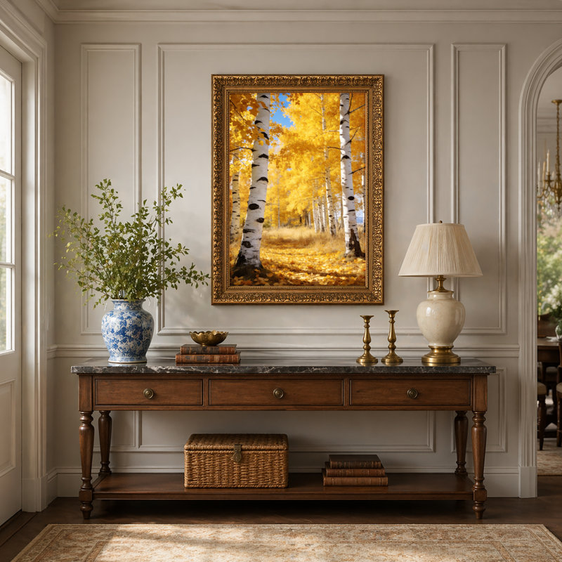 Art mural en toile noyer doré encadré pour le salon, la chambre à coucher, le bureau ou le vestibule - Décoration murale décorative avec arbres d'automne
