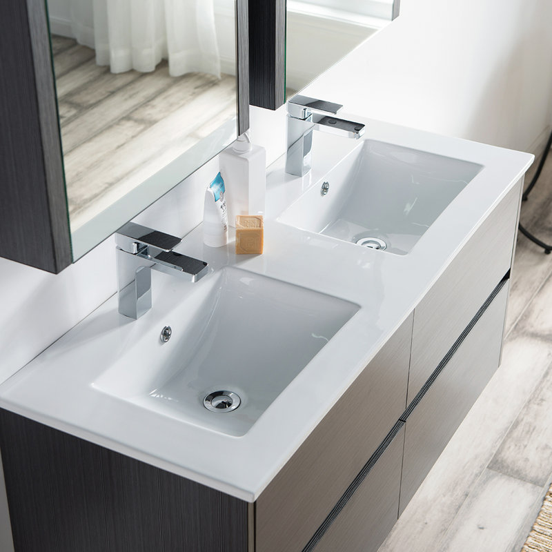 Oquendo 48'' Wall-Mounted Double Bathroom Vanity with Ceramic Sink & Medicine Cabinet – All-Wood, 2 Drawers, Open Back Design