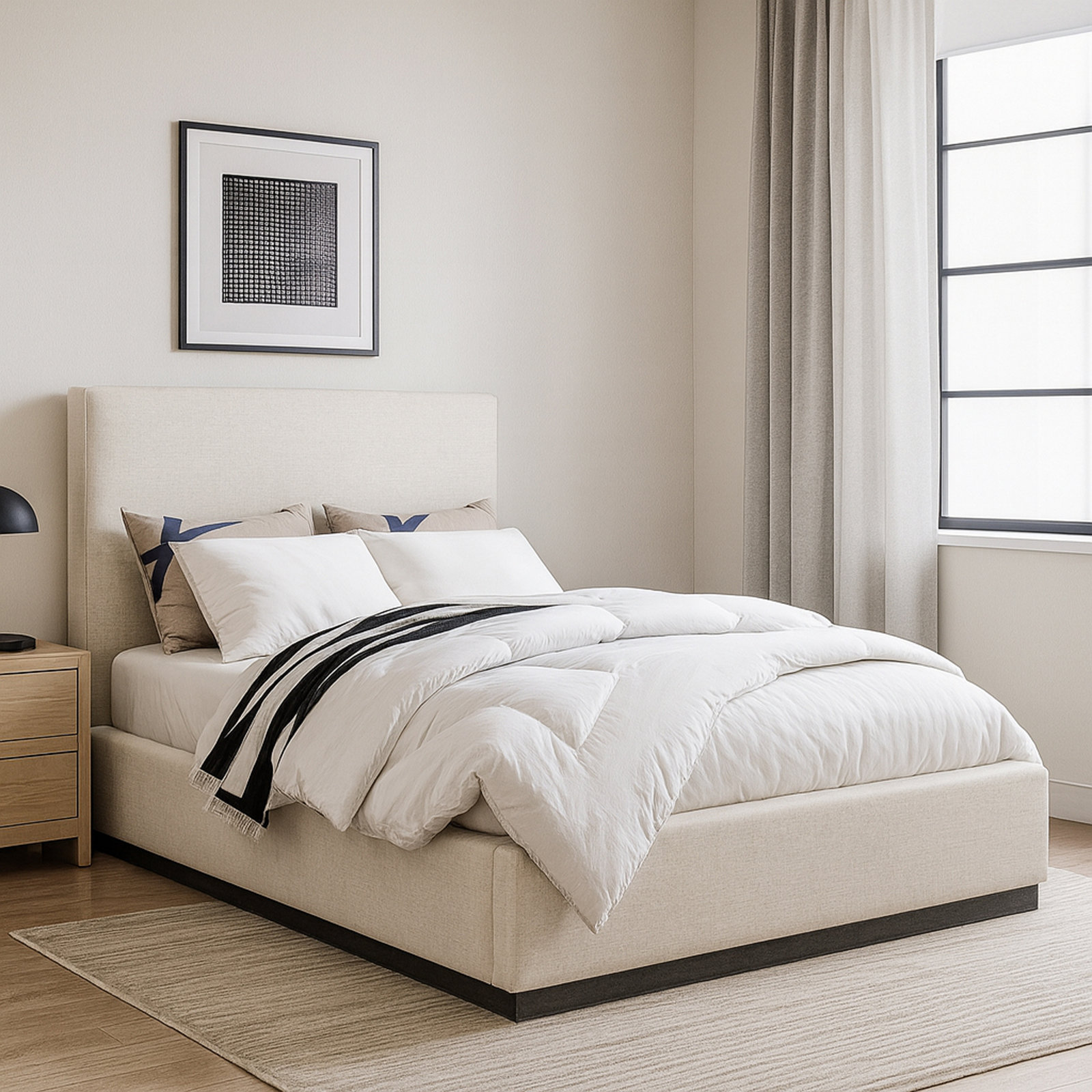 Citori Linen Upholstered Bed, Queen, Beige Linen Textured Fabric