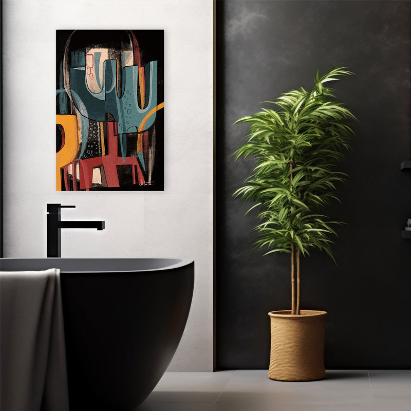 Fleury - Art moderne noir Mid-Century abstrait, H 24 po x l 16 po
