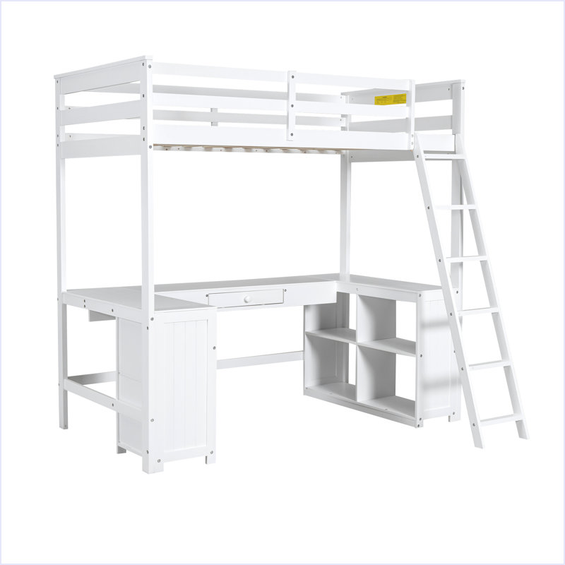 Lit mezzanine avec bureau en U, tiroirs et tablettes de rangement, White, Simple