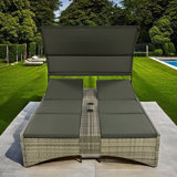 Rattan Patio Daybed With Shelter Roof, Adjustable Backrest, Storage Box And 2 Cup Holders