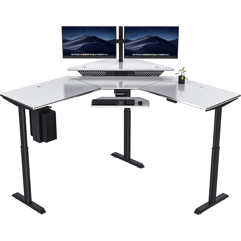 Poste de travail de coin debout réglable en hauteur 72 "x 72" VERSADESK PowerLift, Blanc, Noir