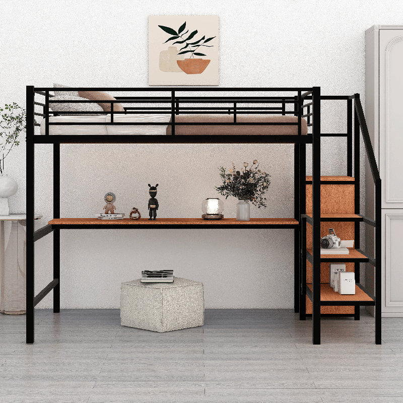 Lit mezzanine double en métal avec bureau intégré, escalier de rangement, petite armoire et lumière DEL, Noir