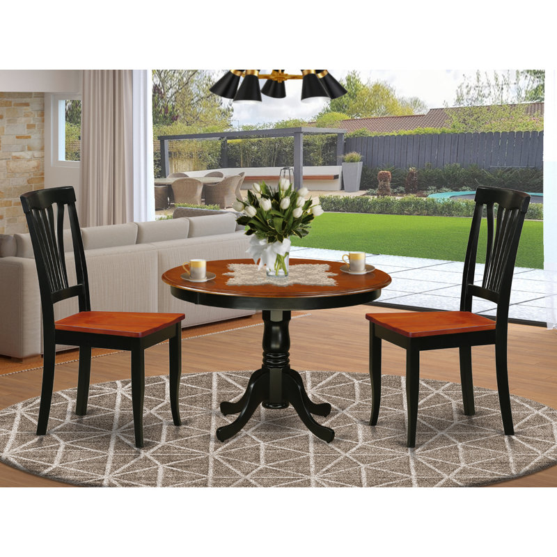 L'ensemble 3 pièces de table et chaises de cuisine comprend une table ronde avec piédestal et 2 chaises de salle à manger, noir et cerise