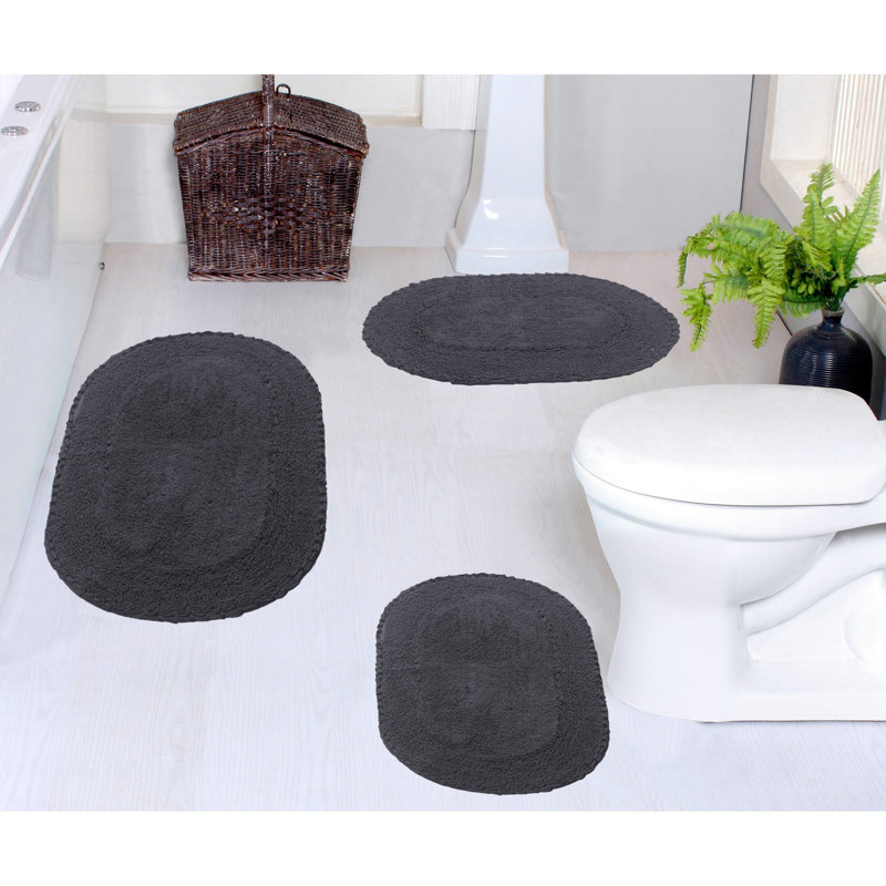 Yashvi Double Ruffle Oval 100% Cotton Piece Bath Rug Set, Gray