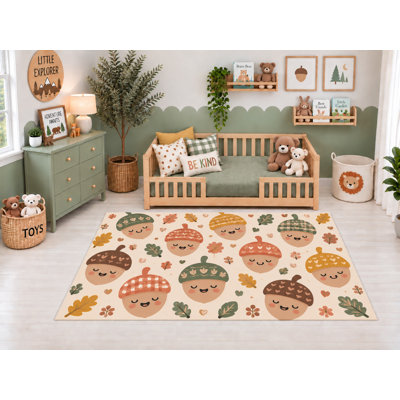 Tapis d'intérieur ultramince 152 x 213 cm (5' x 7') à motif de glands souriants d'automne, idéal pour la chambre d'enfant, la garderie, la salle de classe et la salle de jeux. Doux et à poils courts, avec revêtement antidérapant en silicone.