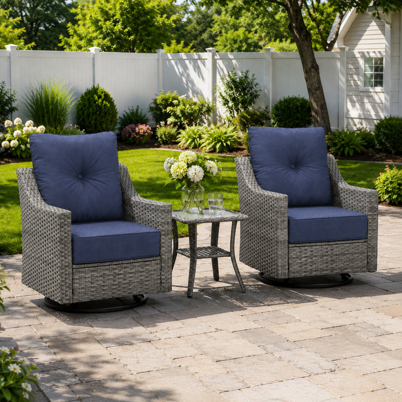 3 Piece Patio Furniture Set, Outdoor Swivel Rocker Patio Chairs Set Of 2 With Side Table, High-back Wicker Patio Furniture With 6" Cushions For Porch, Balcony, Garden, Poolside, Gray/Blue