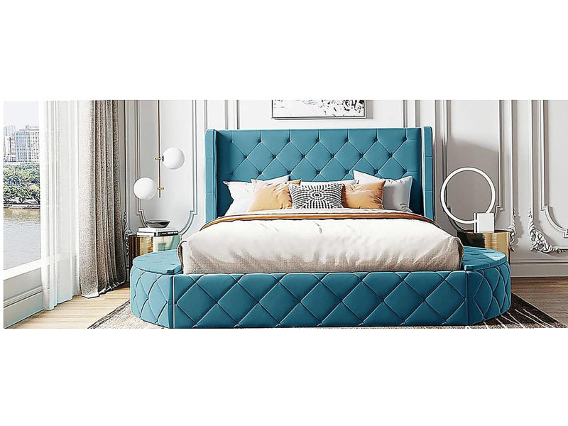 Grand lit de rangement en velours avec lit plateforme tapissier, tête de lit à oreilles et 1 grand tiroir, 2 tabourets de rangement latéraux (bleu)