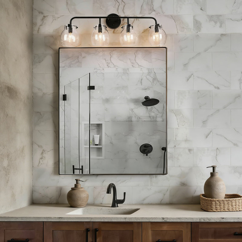 Luminaire de salle de bain 4 lumières noires avec globes en verre bullé, éclairage de salle de bain moderne de style campagnard de 29 pouces pour fini miroir noir mat