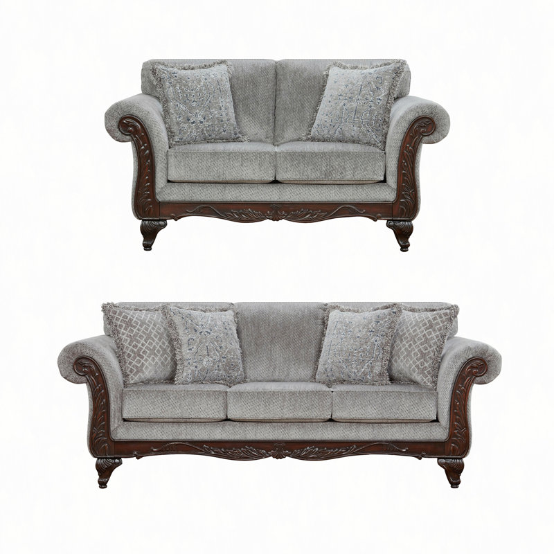 Carved Wood Frame Sofa And Loveseat Set