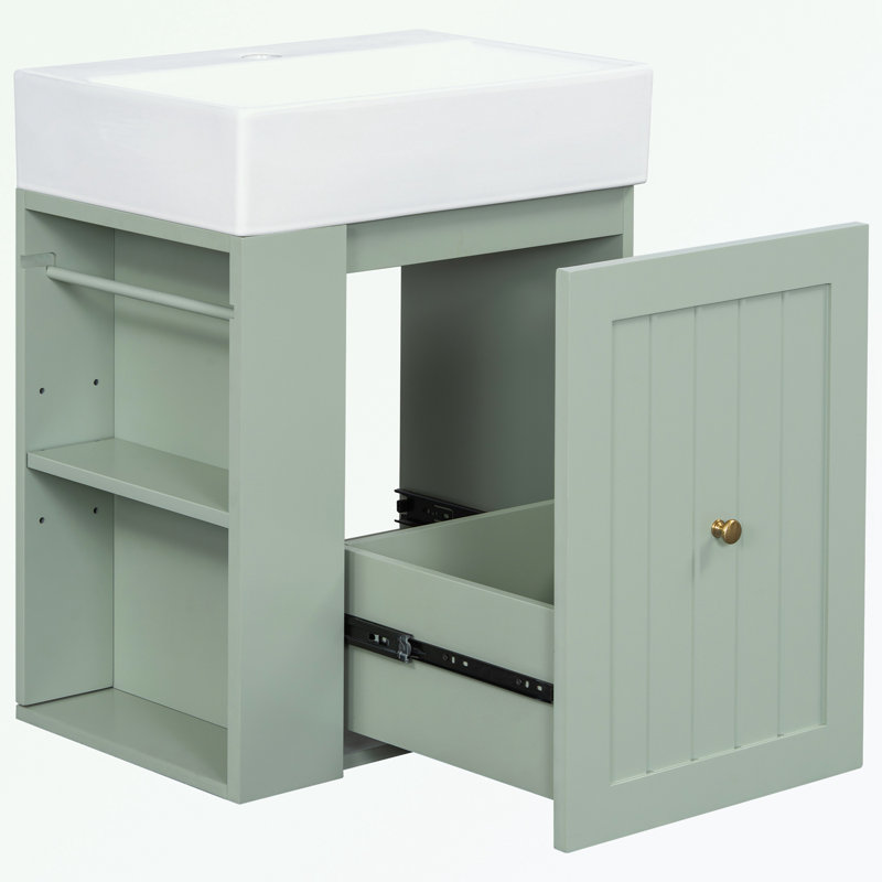 Meuble-lavabo de salle de bain avec lavabo en céramique, tiroir et tablette latérale, Vert