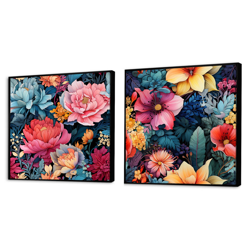 Lenna - ensemble de 2 collages carrés floraux, Cadre flottant noir, H 36 po x l 73 po