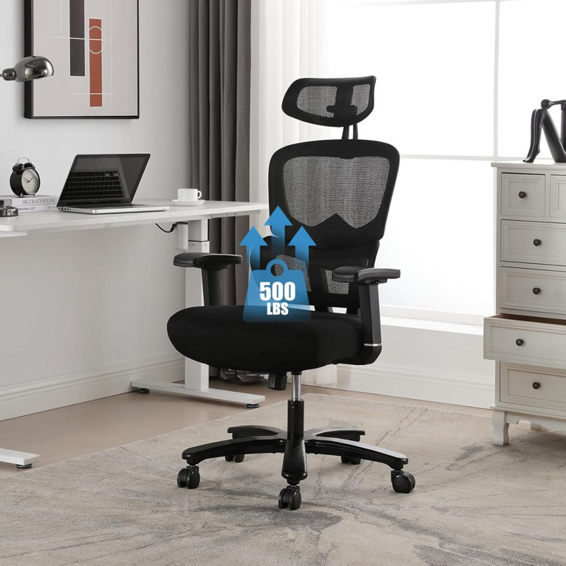 Grande et grande chaise de bureau ergonomique 500LBS pour les personnes lourdes avec base en métal robuste, soutien lombaire dynamique, accoudoir réglable et chaise en filet