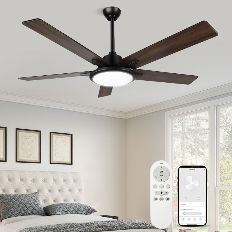 Cirina 52" 5 - Blade Modern Industrial Ceiling Fan with LED Lights and Remote Control, 44" Wide, Black